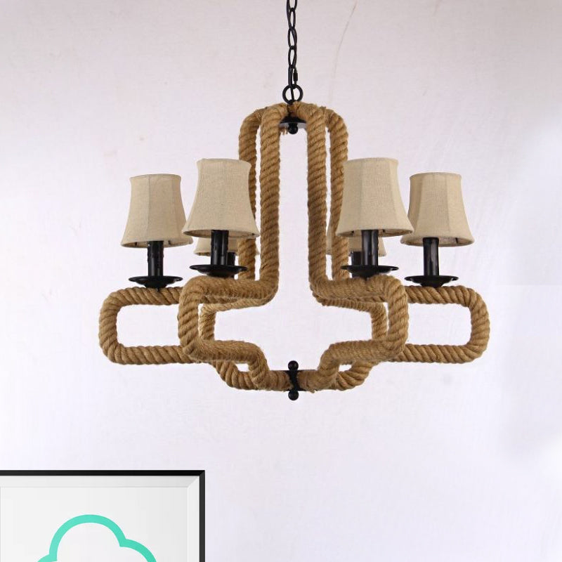 Fabric Bell Shade Hanging Chandelier Light Loft Style 6 Heads Restaurant Hanging Lamp with Rope Detail in Brown Clearhalo 'Ceiling Lights' 'Chandeliers' 'Industrial Chandeliers' 'Industrial' 'Middle Century Chandeliers' 'Tiffany' Lighting' 1418360