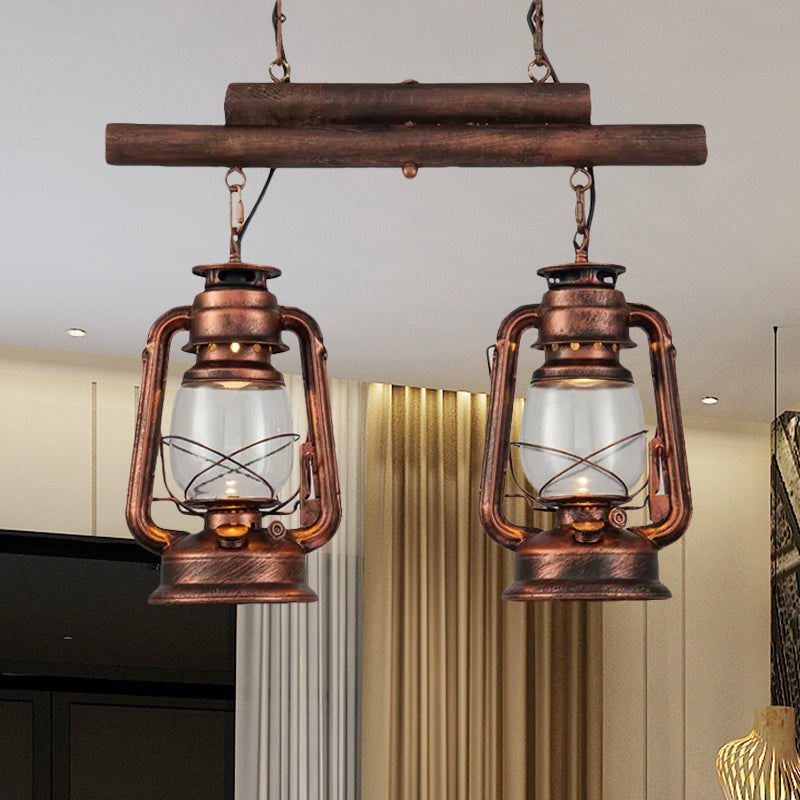 Bronze/Copper Lantern Island Light Fixture Coastal Clear Glass 2-Bulb Kitchen Hanging Lamp Clearhalo 'Ceiling Lights' 'Glass shade' 'Glass' 'Island Lights' 'Pendant Lights' Lighting' 1418370