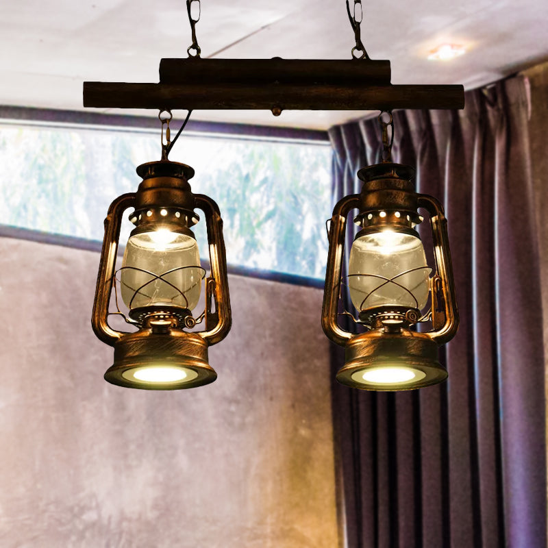 Bronze/Copper Lantern Island Light Fixture Coastal Clear Glass 2-Bulb Kitchen Hanging Lamp Clearhalo 'Ceiling Lights' 'Glass shade' 'Glass' 'Island Lights' 'Pendant Lights' Lighting' 1418371
