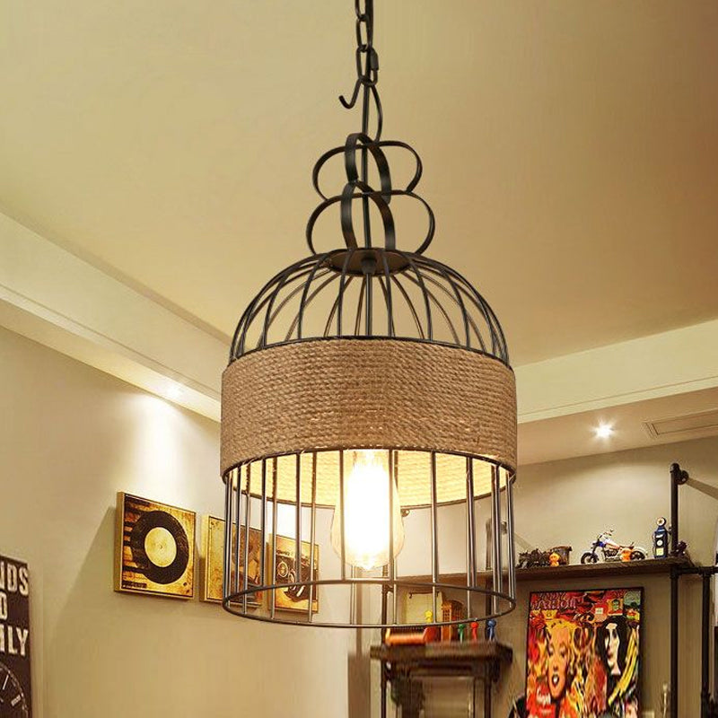 Industrial Bird Cage Hanging Lamp 1 Head Metal and Rope Hanging Light in Black for Restaurant Clearhalo 'Art Deco Pendants' 'Black' 'Cast Iron' 'Ceiling Lights' 'Ceramic' 'Crystal' 'Industrial Pendants' 'Industrial' 'Metal' 'Middle Century Pendants' 'Pendant Lights' 'Pendants' 'Rustic Pendants' 'Tiffany' Lighting' 1418374