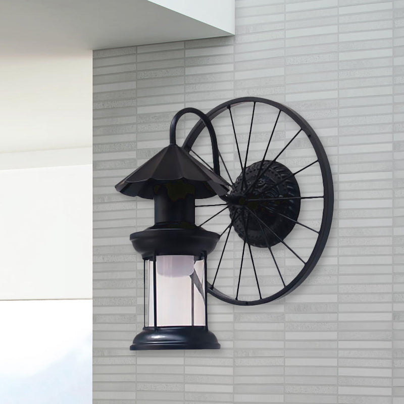 Black/Bronze Lantern Wall Sconce Light Vintage Industrial Metal 1 Light Restaurant Sconce Lamp with Wheel Decoration Clearhalo 'Art deco wall lights' 'Cast Iron' 'Glass' 'Industrial wall lights' 'Industrial' 'Middle century wall lights' 'Modern' 'Rustic wall lights' 'Tiffany' 'Traditional wall lights' 'Wall Lamps & Sconces' 'Wall Lights' Lighting' 1418380