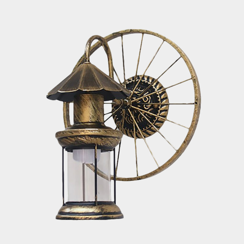 Black/Bronze Lantern Wall Sconce Light Vintage Industrial Metal 1 Light Restaurant Sconce Lamp with Wheel Decoration Clearhalo 'Art deco wall lights' 'Cast Iron' 'Glass' 'Industrial wall lights' 'Industrial' 'Middle century wall lights' 'Modern' 'Rustic wall lights' 'Tiffany' 'Traditional wall lights' 'Wall Lamps & Sconces' 'Wall Lights' Lighting' 1418382