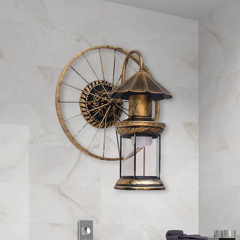 Black/Bronze Lantern Wall Sconce Light Vintage Industrial Metal 1 Light Restaurant Sconce Lamp with Wheel Decoration Clearhalo 'Art deco wall lights' 'Cast Iron' 'Glass' 'Industrial wall lights' 'Industrial' 'Middle century wall lights' 'Modern' 'Rustic wall lights' 'Tiffany' 'Traditional wall lights' 'Wall Lamps & Sconces' 'Wall Lights' Lighting' 1418383