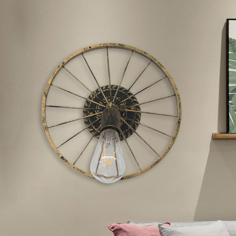 Black/Bronze Wheel Design Wall Sconce Lamp with Open Bulb Farmhouse Style Metal 1 Light Restaurant Sconce Light Clearhalo 'Art deco wall lights' 'Cast Iron' 'Glass' 'Industrial wall lights' 'Industrial' 'Middle century wall lights' 'Modern' 'Rustic wall lights' 'Tiffany' 'Traditional wall lights' 'Wall Lamps & Sconces' 'Wall Lights' Lighting' 1418390