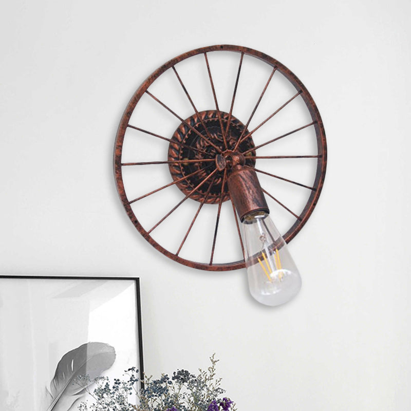 Black/Bronze Wheel Design Wall Sconce Lamp with Open Bulb Farmhouse Style Metal 1 Light Restaurant Sconce Light Clearhalo 'Art deco wall lights' 'Cast Iron' 'Glass' 'Industrial wall lights' 'Industrial' 'Middle century wall lights' 'Modern' 'Rustic wall lights' 'Tiffany' 'Traditional wall lights' 'Wall Lamps & Sconces' 'Wall Lights' Lighting' 1418392