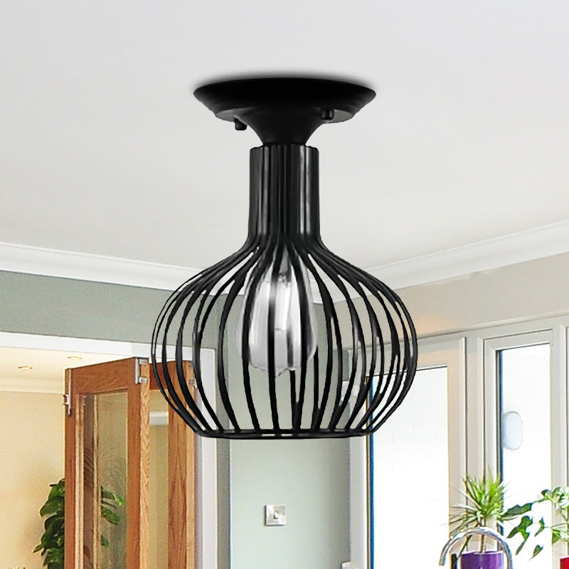 Retro Loft Globe/Pear Cage Ceiling Fixture 1 Light Metallic Semi-Flush Mount Light in Black for Hallway Clearhalo 'Ceiling Lights' 'Close To Ceiling Lights' 'Close to ceiling' 'Semi-flushmount' Lighting' 1418473