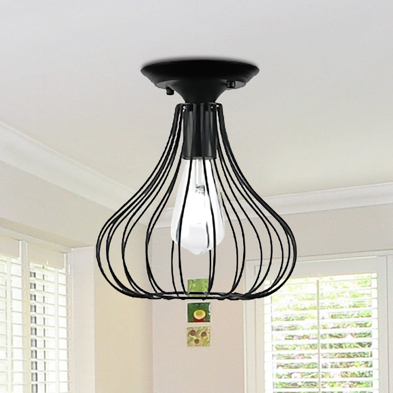 Retro Loft Globe/Pear Cage Ceiling Fixture 1 Light Metallic Semi-Flush Mount Light in Black for Hallway Clearhalo 'Ceiling Lights' 'Close To Ceiling Lights' 'Close to ceiling' 'Semi-flushmount' Lighting' 1418474