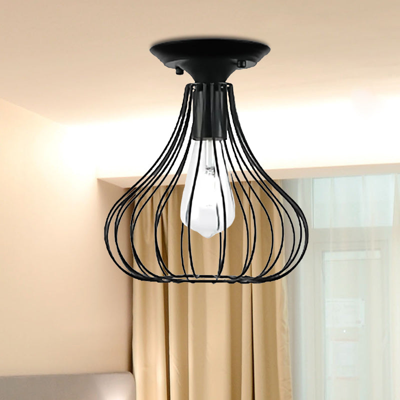 Retro Loft Globe/Pear Cage Ceiling Fixture 1 Light Metallic Semi-Flush Mount Light in Black for Hallway Clearhalo 'Ceiling Lights' 'Close To Ceiling Lights' 'Close to ceiling' 'Semi-flushmount' Lighting' 1418475