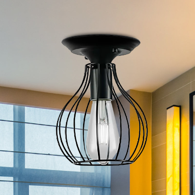 Oval/Bell Cage Iron Ceiling Lamp Industrial Stylish 1 Head Corridor Semi Flush Pendant Light in Black Clearhalo 'Ceiling Lights' 'Close To Ceiling Lights' 'Close to ceiling' 'Semi-flushmount' Lighting' 1418476