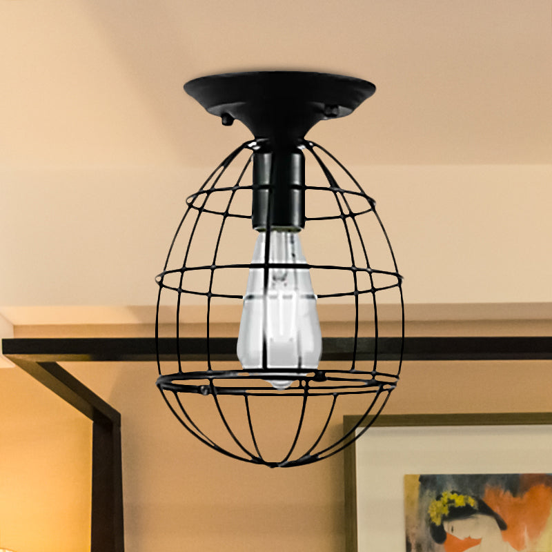Oval/Bell Cage Iron Ceiling Lamp Industrial Stylish 1 Head Corridor Semi Flush Pendant Light in Black Clearhalo 'Ceiling Lights' 'Close To Ceiling Lights' 'Close to ceiling' 'Semi-flushmount' Lighting' 1418477