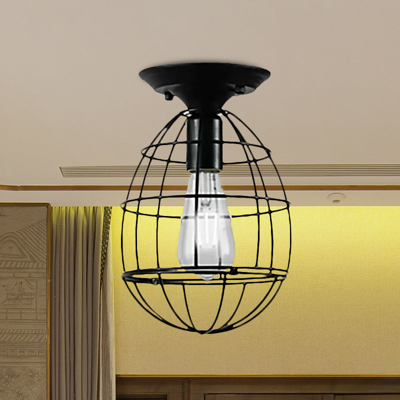 Oval/Bell Cage Iron Ceiling Lamp Industrial Stylish 1 Head Corridor Semi Flush Pendant Light in Black Clearhalo 'Ceiling Lights' 'Close To Ceiling Lights' 'Close to ceiling' 'Semi-flushmount' Lighting' 1418478
