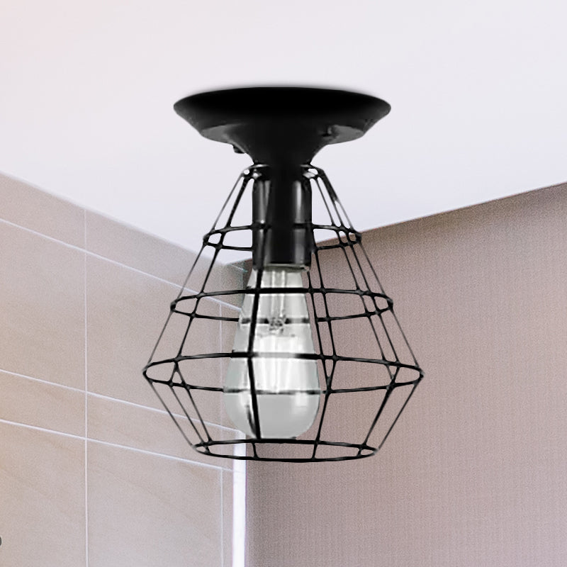 Oval/Bell Cage Iron Ceiling Lamp Industrial Stylish 1 Head Corridor Semi Flush Pendant Light in Black Clearhalo 'Ceiling Lights' 'Close To Ceiling Lights' 'Close to ceiling' 'Semi-flushmount' Lighting' 1418479