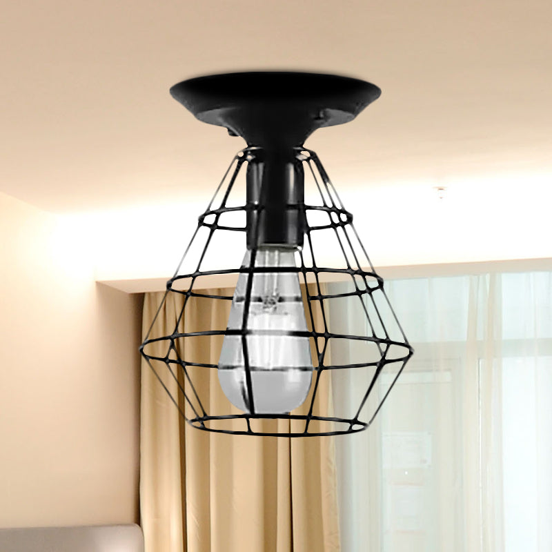 Oval/Bell Cage Iron Ceiling Lamp Industrial Stylish 1 Head Corridor Semi Flush Pendant Light in Black Clearhalo 'Ceiling Lights' 'Close To Ceiling Lights' 'Close to ceiling' 'Semi-flushmount' Lighting' 1418480