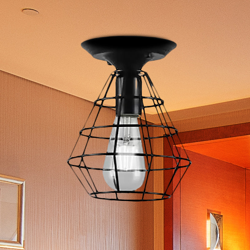 Oval/Bell Cage Iron Ceiling Lamp Industrial Stylish 1 Head Corridor Semi Flush Pendant Light in Black Clearhalo 'Ceiling Lights' 'Close To Ceiling Lights' 'Close to ceiling' 'Semi-flushmount' Lighting' 1418481