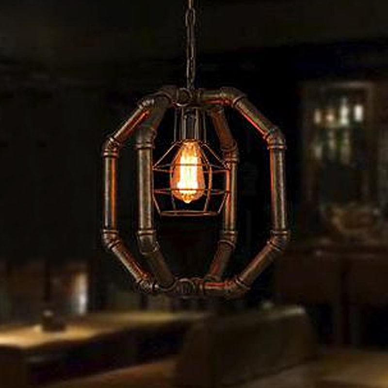 1 Bulb Metal Hanging Lamp Farmhouse Style Brass Water Pipe Restaurant Ceiling Fixture with Inner Dome Cage Shade Clearhalo 'Art Deco Pendants' 'Cast Iron' 'Ceiling Lights' 'Ceramic' 'Crystal' 'Industrial Pendants' 'Industrial' 'Metal' 'Middle Century Pendants' 'Pendant Lights' 'Pendants' 'Tiffany' Lighting' 1418485