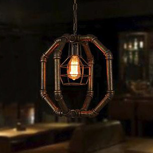 1 Bulb Metal Hanging Lamp Farmhouse Style Brass Water Pipe Restaurant Ceiling Fixture with Inner Dome Cage Shade Clearhalo 'Art Deco Pendants' 'Cast Iron' 'Ceiling Lights' 'Ceramic' 'Crystal' 'Industrial Pendants' 'Industrial' 'Metal' 'Middle Century Pendants' 'Pendant Lights' 'Pendants' 'Tiffany' Lighting' 1418485