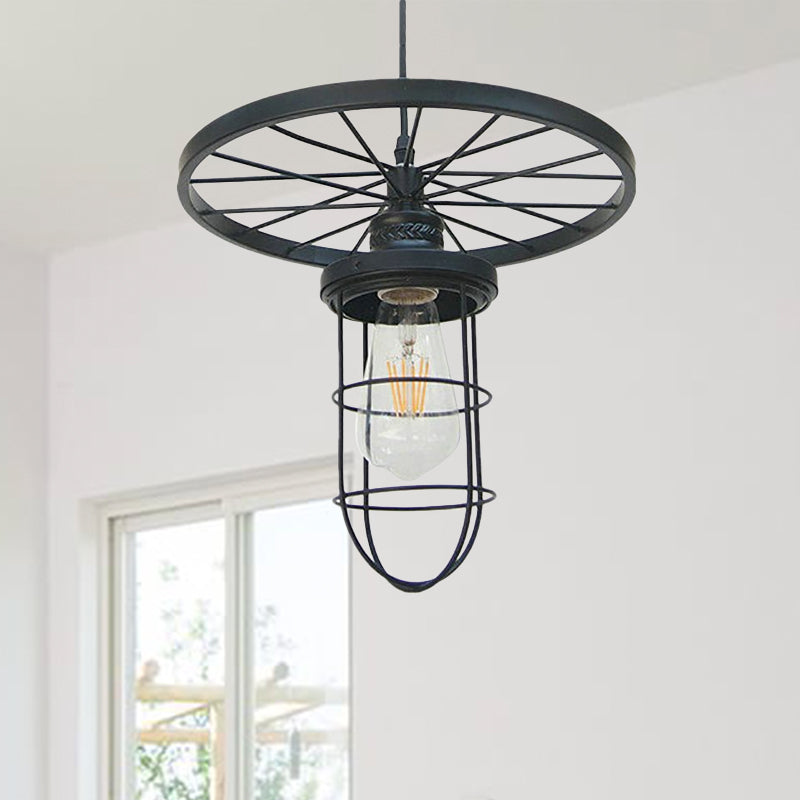 Metal Wire Cage Ceiling Fixture with Wheel Deco Industrial Style 1 Head Dining Room Pendant Ceiling Light in Black Clearhalo 'Art Deco Pendants' 'Black' 'Cast Iron' 'Ceiling Lights' 'Ceramic' 'Crystal' 'Industrial Pendants' 'Industrial' 'Metal' 'Middle Century Pendants' 'Pendant Lights' 'Pendants' 'Rustic Pendants' 'Tiffany' Lighting' 1418487