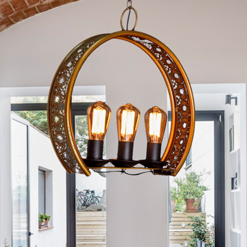 Bare Bulb Metal Hanging Light Three-light Industrial Chandeliers in Brass for Living Room Clearhalo 'Cast Iron' 'Ceiling Lights' 'Chandeliers' 'Industrial Chandeliers' 'Industrial' 'Metal' 'Middle Century Chandeliers' 'Rustic Chandeliers' 'Tiffany' Lighting' 1418491