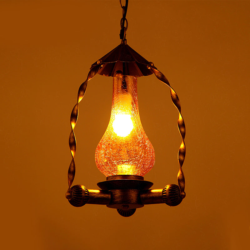 Vintage Crackle Glass Suspended Lamp 1-Light Kerosene Hanging Light in Brass for Coffee Shop Clearhalo 'Art Deco Pendants' 'Cast Iron' 'Ceiling Lights' 'Ceramic' 'Crystal' 'Industrial Pendants' 'Industrial' 'Metal' 'Middle Century Pendants' 'Pendant Lights' 'Pendants' 'Tiffany' Lighting' 1418492