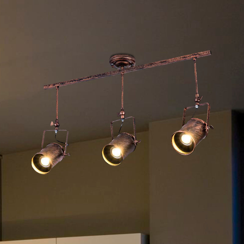 Antique Style Cylinder Track Light 1/2/3-Light Wrought Iron Semi-Flush Ceiling Light in Dark Rust for Coffee Shop Clearhalo 'Ceiling Lights' 'Close To Ceiling Lights' 'Close to ceiling' 'Semi-flushmount' Lighting' 1418499