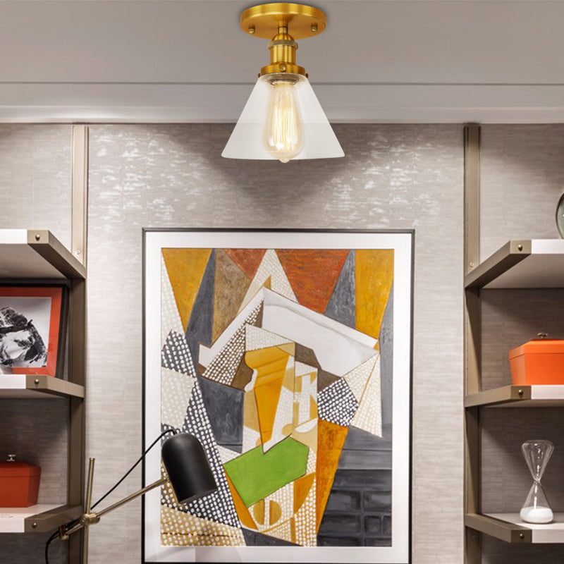 Single Bulb Semi Flush Mount Industrial Conical Clear Glass Ceiling Light in Black/Brass/Copper Brass Clearhalo 'Ceiling Lights' 'Close To Ceiling Lights' 'Close to ceiling' 'Flush mount' 'Industrial Flush Mount' Lighting' 141850