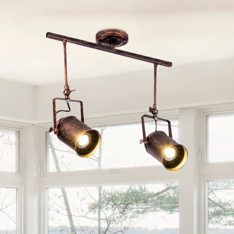 Antique Style Cylinder Track Light 1/2/3-Light Wrought Iron Semi-Flush Ceiling Light in Dark Rust for Coffee Shop Clearhalo 'Ceiling Lights' 'Close To Ceiling Lights' 'Close to ceiling' 'Semi-flushmount' Lighting' 1418500