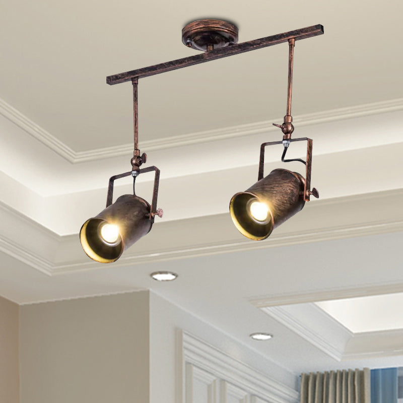 Antique Style Cylinder Track Light 1/2/3-Light Wrought Iron Semi-Flush Ceiling Light in Dark Rust for Coffee Shop Clearhalo 'Ceiling Lights' 'Close To Ceiling Lights' 'Close to ceiling' 'Semi-flushmount' Lighting' 1418501