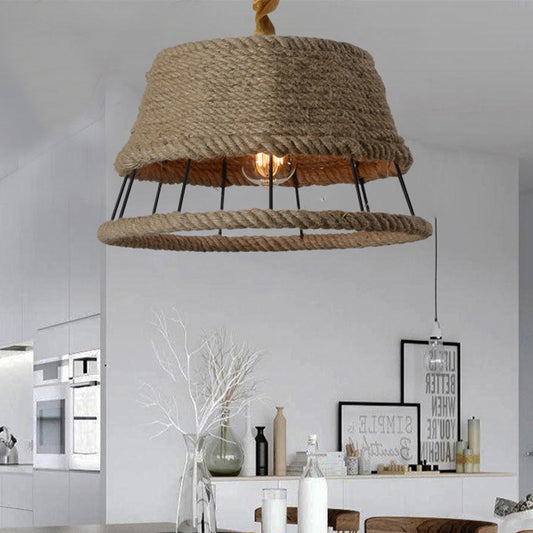 Hemp Rope Beige Pendant Light with Metal Cage Shade 1 Head Lodge Hanging Light Fixture for Restaurant Clearhalo 'Ceiling Lights' 'Industrial Pendants' 'Industrial' 'Middle Century Pendants' 'Pendant Lights' 'Pendants' 'Tiffany' Lighting' 1418505