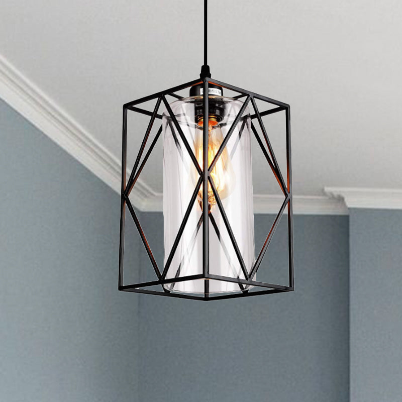 Black Cylinder Pendant Ceiling Light Farmhouse Clear Glass/Fabric 1 Light Living Room Hanging Lamp with Plug Clearhalo 'Ceiling Lights' 'Glass shade' 'Glass' 'Industrial Pendants' 'Industrial' 'Middle Century Pendants' 'Pendant Lights' 'Pendants' 'Tiffany' Lighting' 1418509