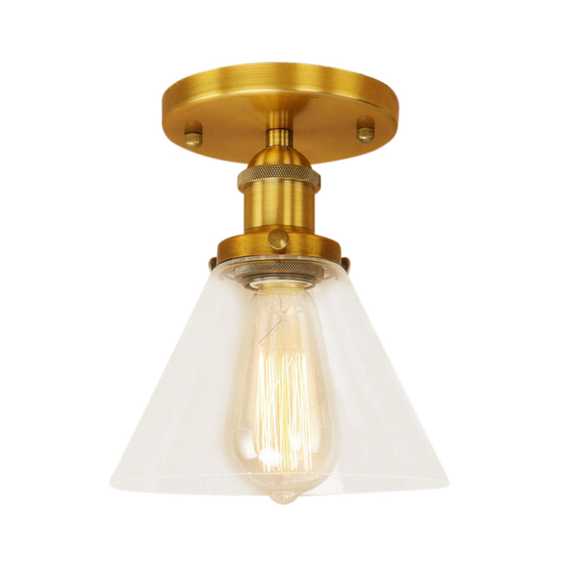 Single Bulb Semi Flush Mount Industrial Conical Clear Glass Ceiling Light in Black/Brass/Copper Clearhalo 'Ceiling Lights' 'Close To Ceiling Lights' 'Close to ceiling' 'Flush mount' 'Industrial Flush Mount' Lighting' 141852