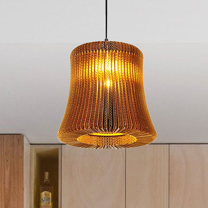 1 Bulb Ceiling Fixture with Cylinder Shade Corrugated Paper Asian Stylish Dining Room Pendant Lighting in Brown Clearhalo 'Ceiling Lights' 'Modern Pendants' 'Modern' 'Pendant Lights' 'Pendants' Lighting' 1418524