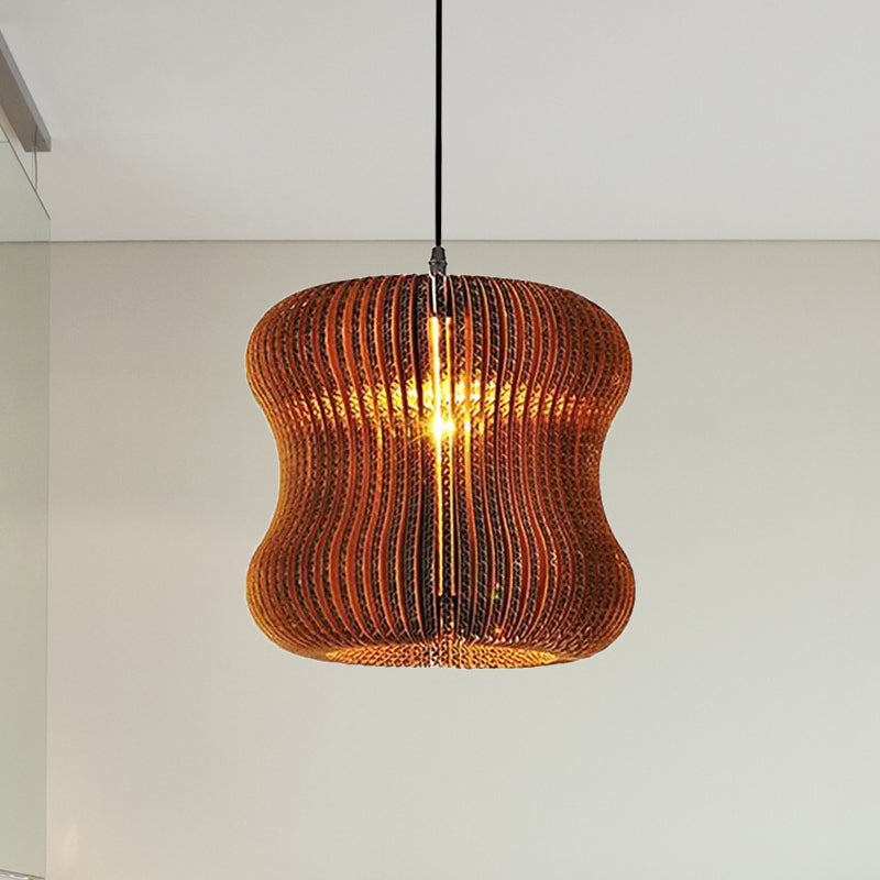 1 Bulb Ceiling Fixture with Cylinder Shade Corrugated Paper Asian Stylish Dining Room Pendant Lighting in Brown Clearhalo 'Ceiling Lights' 'Modern Pendants' 'Modern' 'Pendant Lights' 'Pendants' Lighting' 1418525