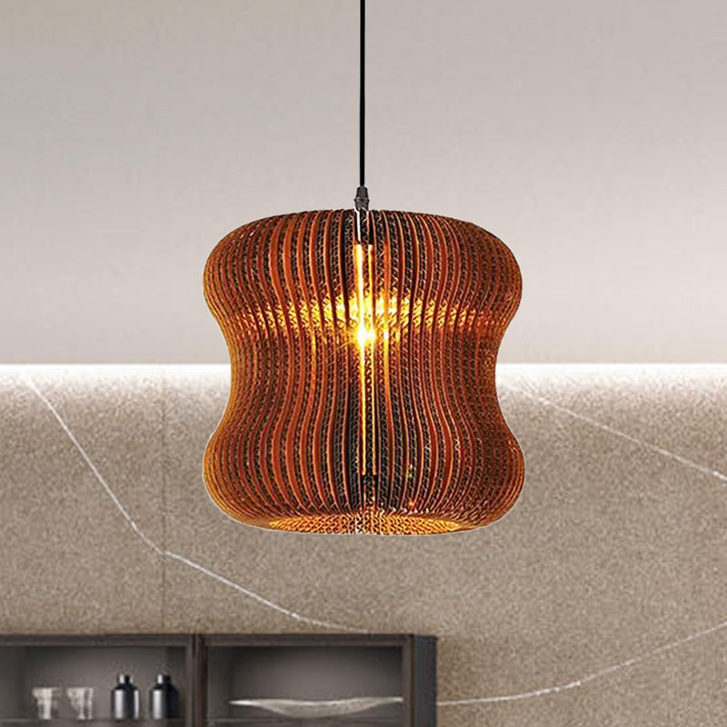 1 Bulb Ceiling Fixture with Cylinder Shade Corrugated Paper Asian Stylish Dining Room Pendant Lighting in Brown Clearhalo 'Ceiling Lights' 'Modern Pendants' 'Modern' 'Pendant Lights' 'Pendants' Lighting' 1418526