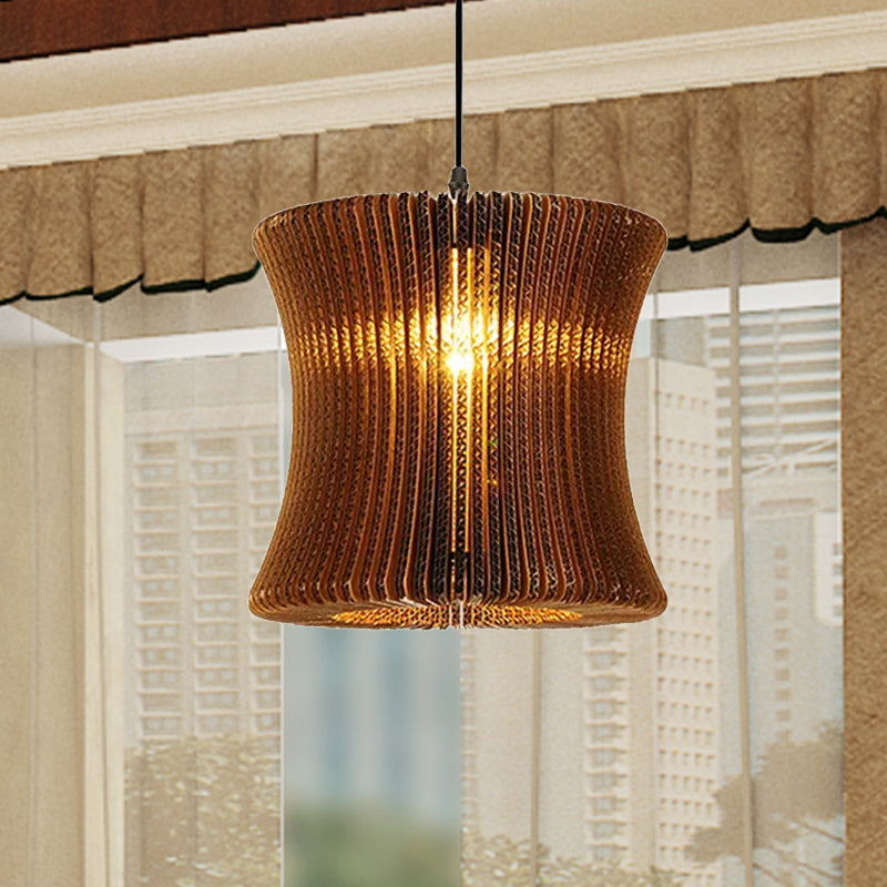 1 Bulb Ceiling Fixture with Cylinder Shade Corrugated Paper Asian Stylish Dining Room Pendant Lighting in Brown Clearhalo 'Ceiling Lights' 'Modern Pendants' 'Modern' 'Pendant Lights' 'Pendants' Lighting' 1418527