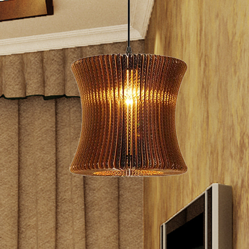 1 Bulb Ceiling Fixture with Cylinder Shade Corrugated Paper Asian Stylish Dining Room Pendant Lighting in Brown Clearhalo 'Ceiling Lights' 'Modern Pendants' 'Modern' 'Pendant Lights' 'Pendants' Lighting' 1418528