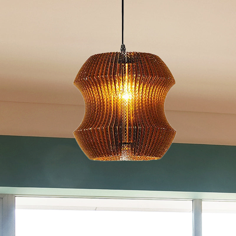 1 Bulb Ceiling Fixture with Cylinder Shade Corrugated Paper Asian Stylish Dining Room Pendant Lighting in Brown Clearhalo 'Ceiling Lights' 'Modern Pendants' 'Modern' 'Pendant Lights' 'Pendants' Lighting' 1418529
