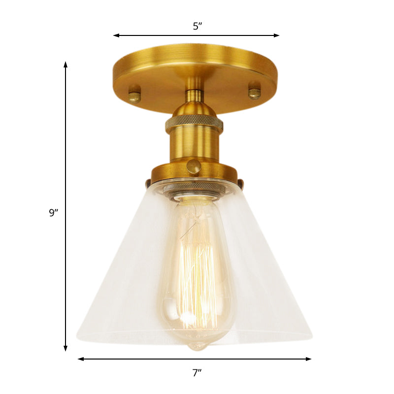 Single Bulb Semi Flush Mount Industrial Conical Clear Glass Ceiling Light in Black/Brass/Copper Clearhalo 'Ceiling Lights' 'Close To Ceiling Lights' 'Close to ceiling' 'Flush mount' 'Industrial Flush Mount' Lighting' 141853
