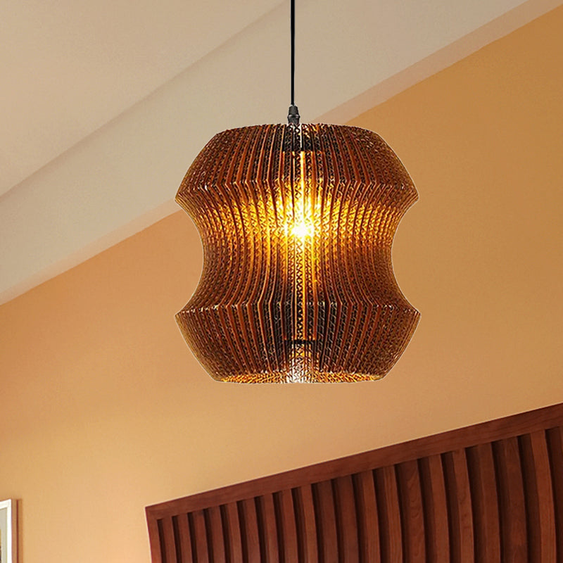1 Bulb Ceiling Fixture with Cylinder Shade Corrugated Paper Asian Stylish Dining Room Pendant Lighting in Brown Clearhalo 'Ceiling Lights' 'Modern Pendants' 'Modern' 'Pendant Lights' 'Pendants' Lighting' 1418530