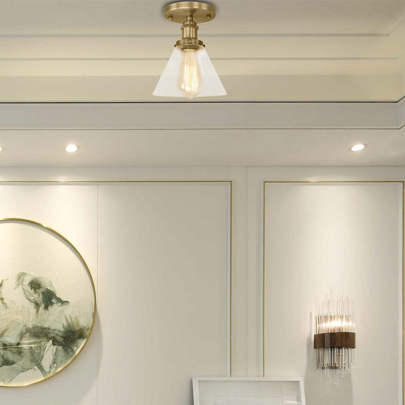 Single Bulb Semi Flush Mount Industrial Conical Clear Glass Ceiling Light in Black/Brass/Copper Antique Brass Clearhalo 'Ceiling Lights' 'Close To Ceiling Lights' 'Close to ceiling' 'Flush mount' 'Industrial Flush Mount' Lighting' 141854