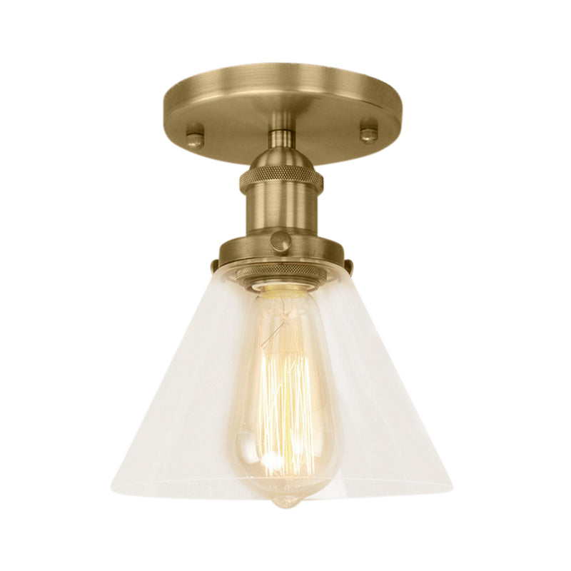 Single Bulb Semi Flush Mount Industrial Conical Clear Glass Ceiling Light in Black/Brass/Copper Clearhalo 'Ceiling Lights' 'Close To Ceiling Lights' 'Close to ceiling' 'Flush mount' 'Industrial Flush Mount' Lighting' 141855