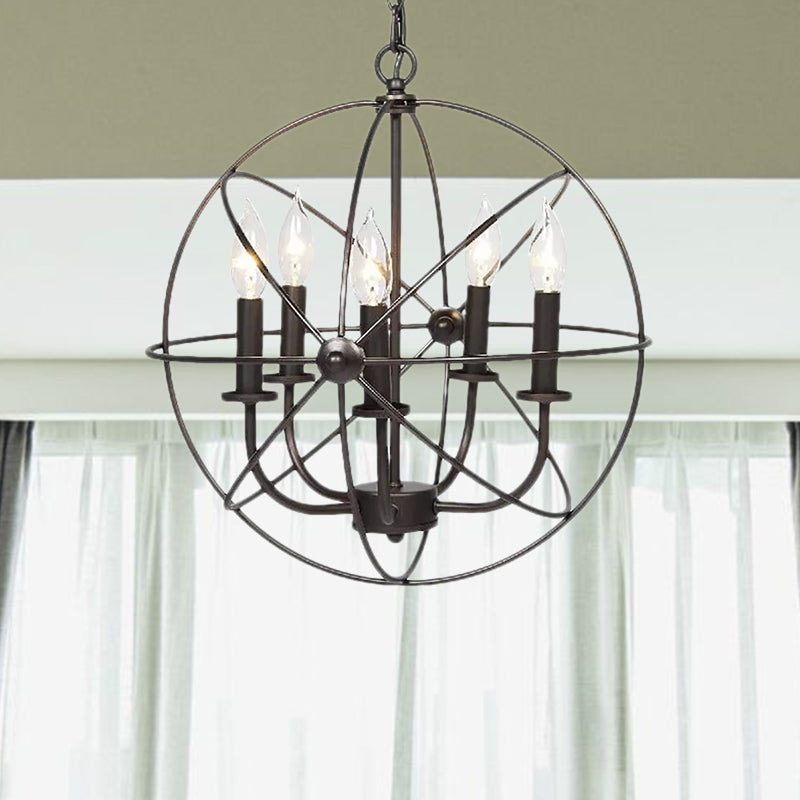 Metal Strap Globe Chandelier Pendant Light Vintage 5 Bulbs Restaurant Hanging Lamp in Black Clearhalo 'Cast Iron' 'Ceiling Lights' 'Chandeliers' 'Industrial Chandeliers' 'Industrial' 'Metal' 'Middle Century Chandeliers' 'Rustic Chandeliers' 'Tiffany' Lighting' 1418550