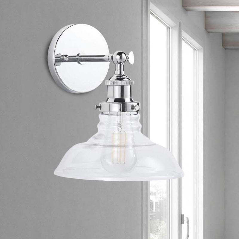Clear Glass Chrome/Nickel Sconce Light Barn 1-Light Industrial Wall Lamp Fixture for Kitchen Clearhalo 'Art deco wall lights' 'Cast Iron' 'Glass' 'Industrial wall lights' 'Industrial' 'Middle century wall lights' 'Modern' 'Rustic wall lights' 'Tiffany' 'Traditional wall lights' 'Wall Lamps & Sconces' 'Wall Lights' Lighting' 1418551