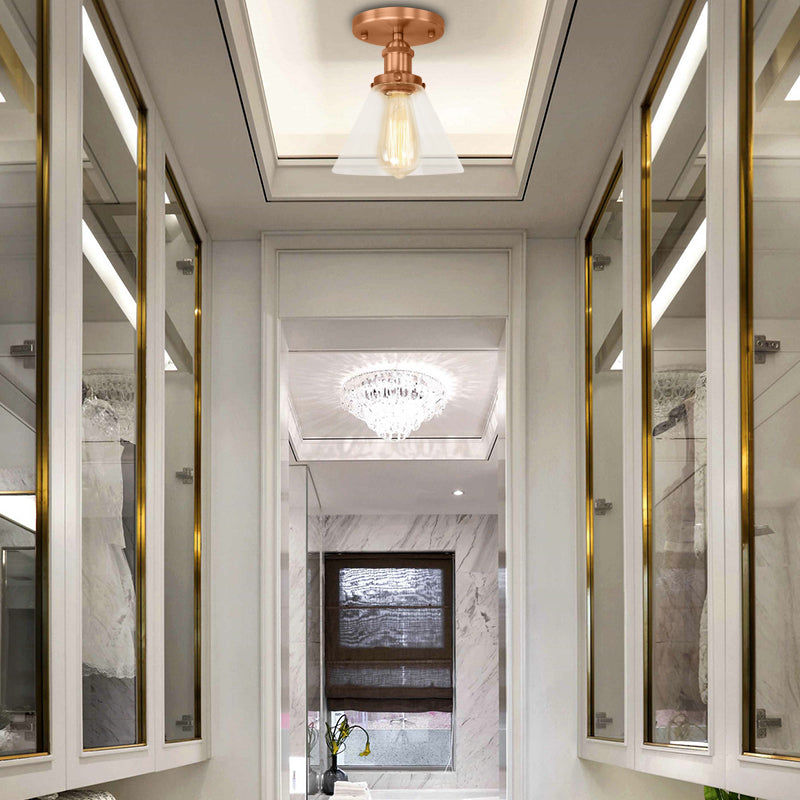 Single Bulb Semi Flush Mount Industrial Conical Clear Glass Ceiling Light in Black/Brass/Copper Copper Clearhalo 'Ceiling Lights' 'Close To Ceiling Lights' 'Close to ceiling' 'Flush mount' 'Industrial Flush Mount' Lighting' 141856