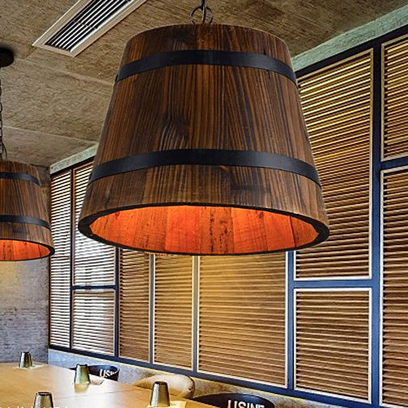 Wood Bucket Hanging Light Single Head Retro Suspension Lamp in Brown for Restaurant Clearhalo 'Ceiling Lights' 'Industrial Pendants' 'Industrial' 'Middle Century Pendants' 'Pendant Lights' 'Pendants' 'Tiffany' Lighting' 1418564