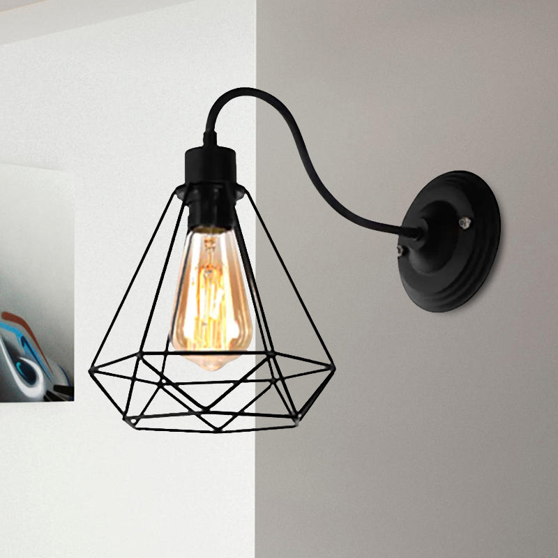 Black 1 Light Sconce Lamp Retro Style Metal Diamond/Star Wall Sconce Light with Cage Shade for Coffee Shop Clearhalo 'Art deco wall lights' 'Cast Iron' 'Glass' 'Industrial wall lights' 'Industrial' 'Middle century wall lights' 'Modern' 'Rustic wall lights' 'Tiffany' 'Traditional wall lights' 'Wall Lamps & Sconces' 'Wall Lights' Lighting' 1418571