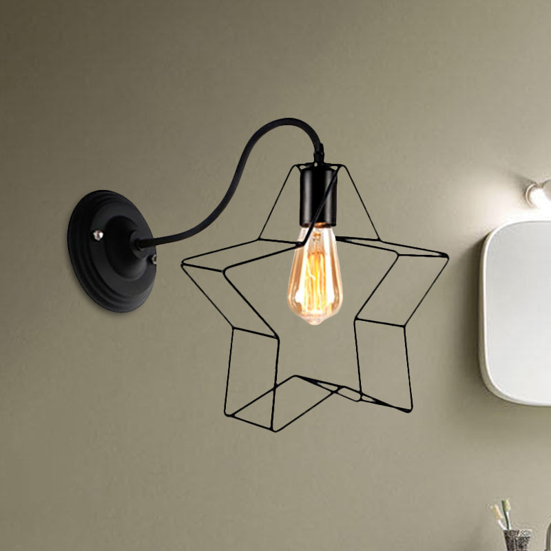 Black 1 Light Sconce Lamp Retro Style Metal Diamond/Star Wall Sconce Light with Cage Shade for Coffee Shop Clearhalo 'Art deco wall lights' 'Cast Iron' 'Glass' 'Industrial wall lights' 'Industrial' 'Middle century wall lights' 'Modern' 'Rustic wall lights' 'Tiffany' 'Traditional wall lights' 'Wall Lamps & Sconces' 'Wall Lights' Lighting' 1418572
