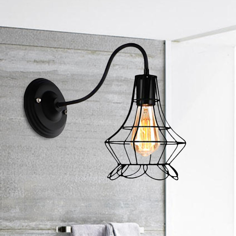 Black 1 Light Sconce Lamp Retro Style Metal Diamond/Star Wall Sconce Light with Cage Shade for Coffee Shop Clearhalo 'Art deco wall lights' 'Cast Iron' 'Glass' 'Industrial wall lights' 'Industrial' 'Middle century wall lights' 'Modern' 'Rustic wall lights' 'Tiffany' 'Traditional wall lights' 'Wall Lamps & Sconces' 'Wall Lights' Lighting' 1418574