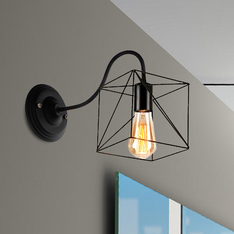 Black 1 Head Wall Lamp Vintage Industrial Metal Gourd/Squared Wall Light Sconce with Wire Frame for Coffee Shop Clearhalo 'Art deco wall lights' 'Cast Iron' 'Glass' 'Industrial wall lights' 'Industrial' 'Middle century wall lights' 'Modern' 'Rustic wall lights' 'Tiffany' 'Traditional wall lights' 'Wall Lamps & Sconces' 'Wall Lights' Lighting' 1418579
