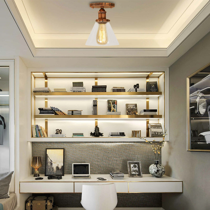 Single Bulb Semi Flush Mount Industrial Conical Clear Glass Ceiling Light in Black/Brass/Copper Rust Clearhalo 'Ceiling Lights' 'Close To Ceiling Lights' 'Close to ceiling' 'Flush mount' 'Industrial Flush Mount' Lighting' 141858
