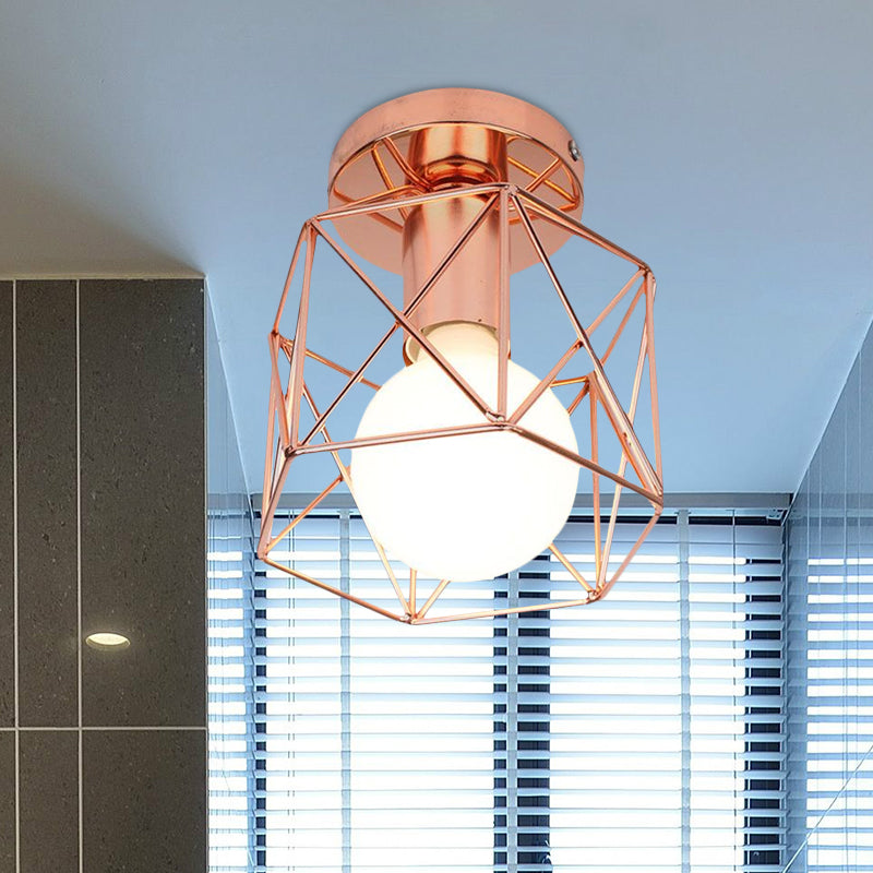 1 Bulb Ceiling Fixture with Geometric Cage Shade Iron Loft Style Bedroom Semi Flush Mount Light in Copper Clearhalo 'Ceiling Lights' 'Close To Ceiling Lights' 'Close to ceiling' 'Semi-flushmount' Lighting' 1418583
